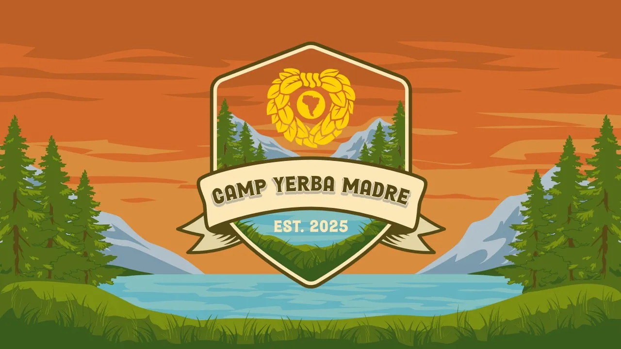 Welcome slide with coat of arms styled logo for Camp Yerba Madre