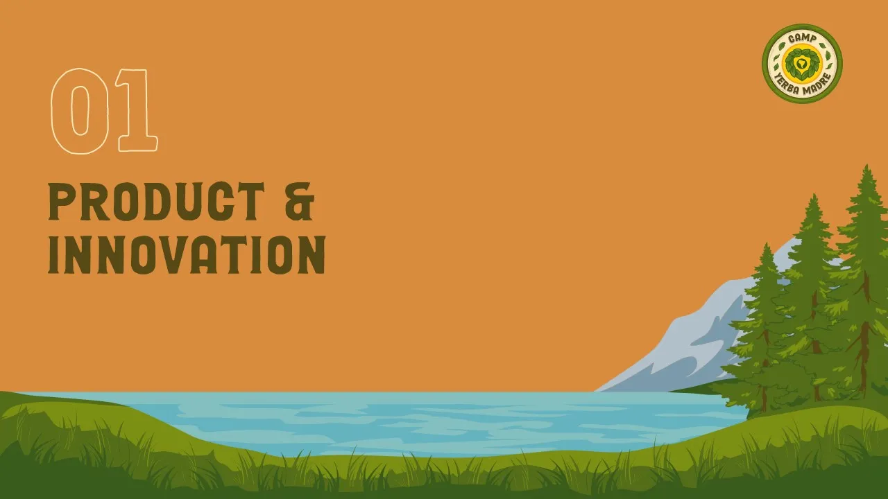 A devider slide with '1. Product and innovation' section title for Camp Yerba Madre