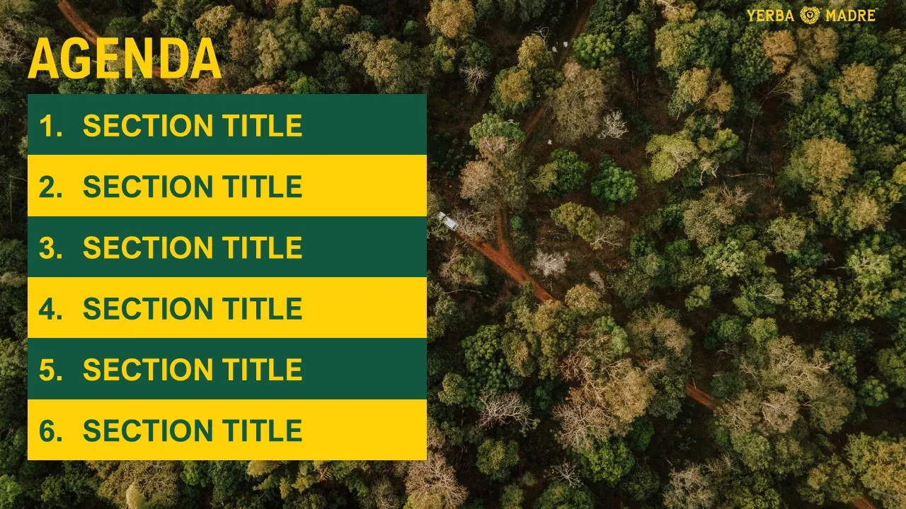 Agenda slide template for Yerba Madre