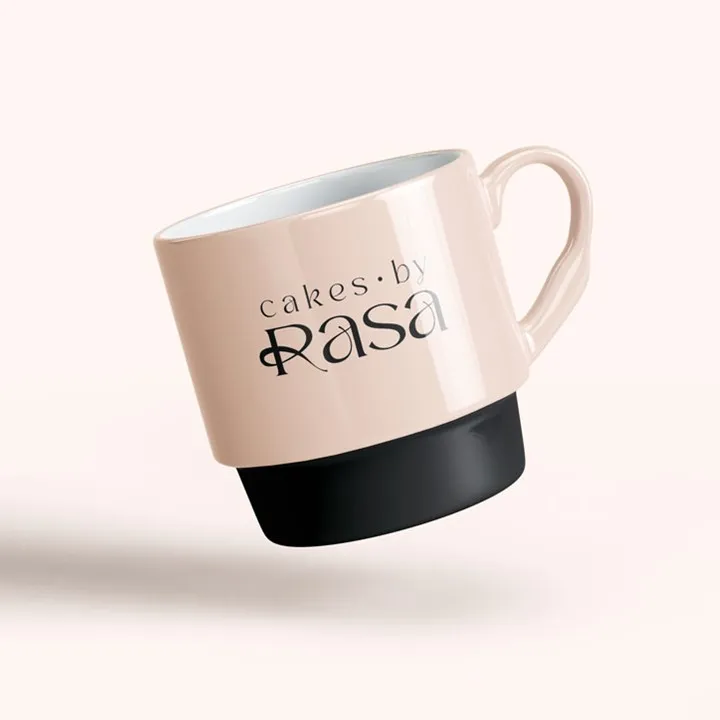 Cakes by Rasa logo on a coffee mug