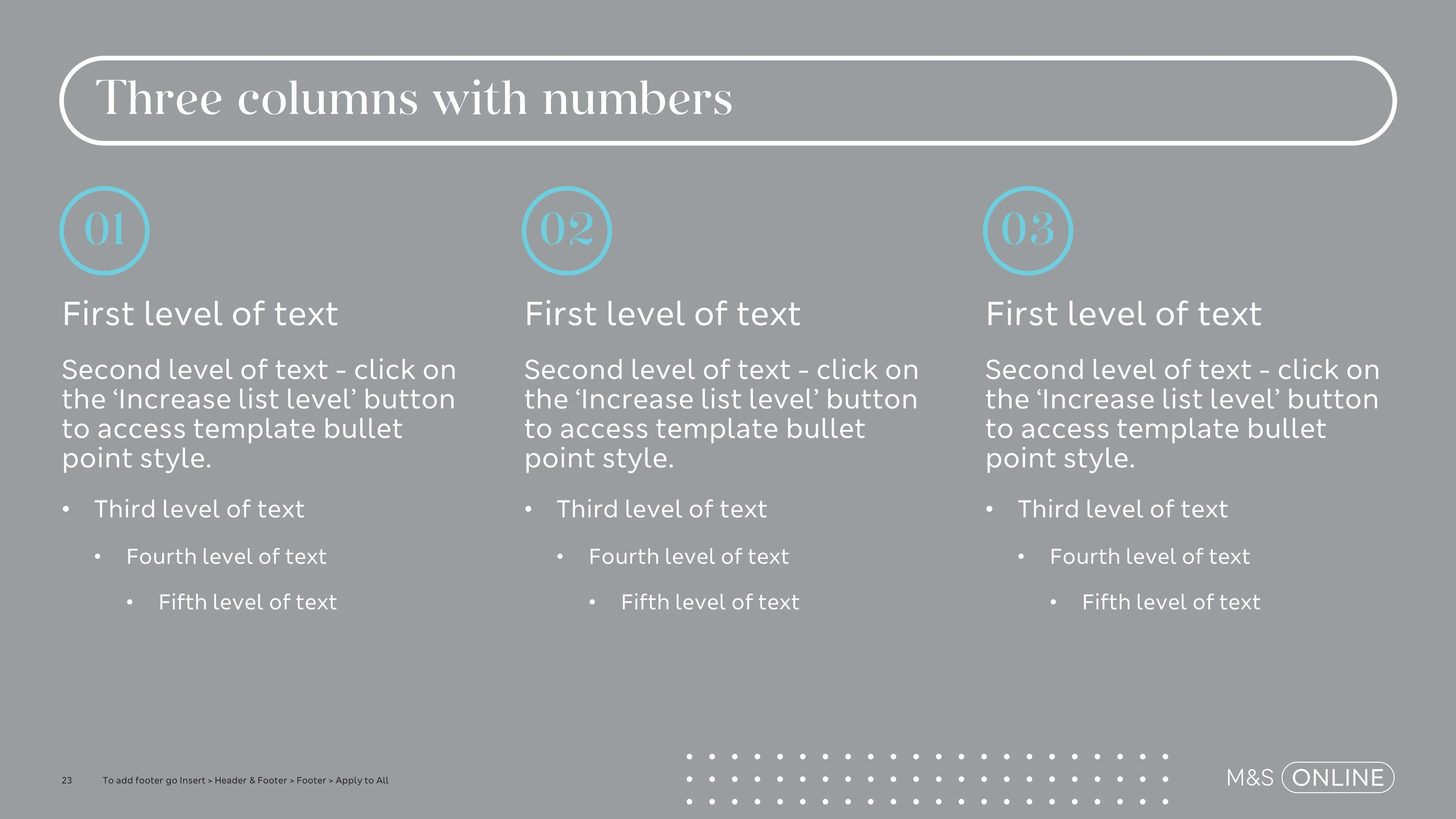Three columns layout with number template for M&S Online