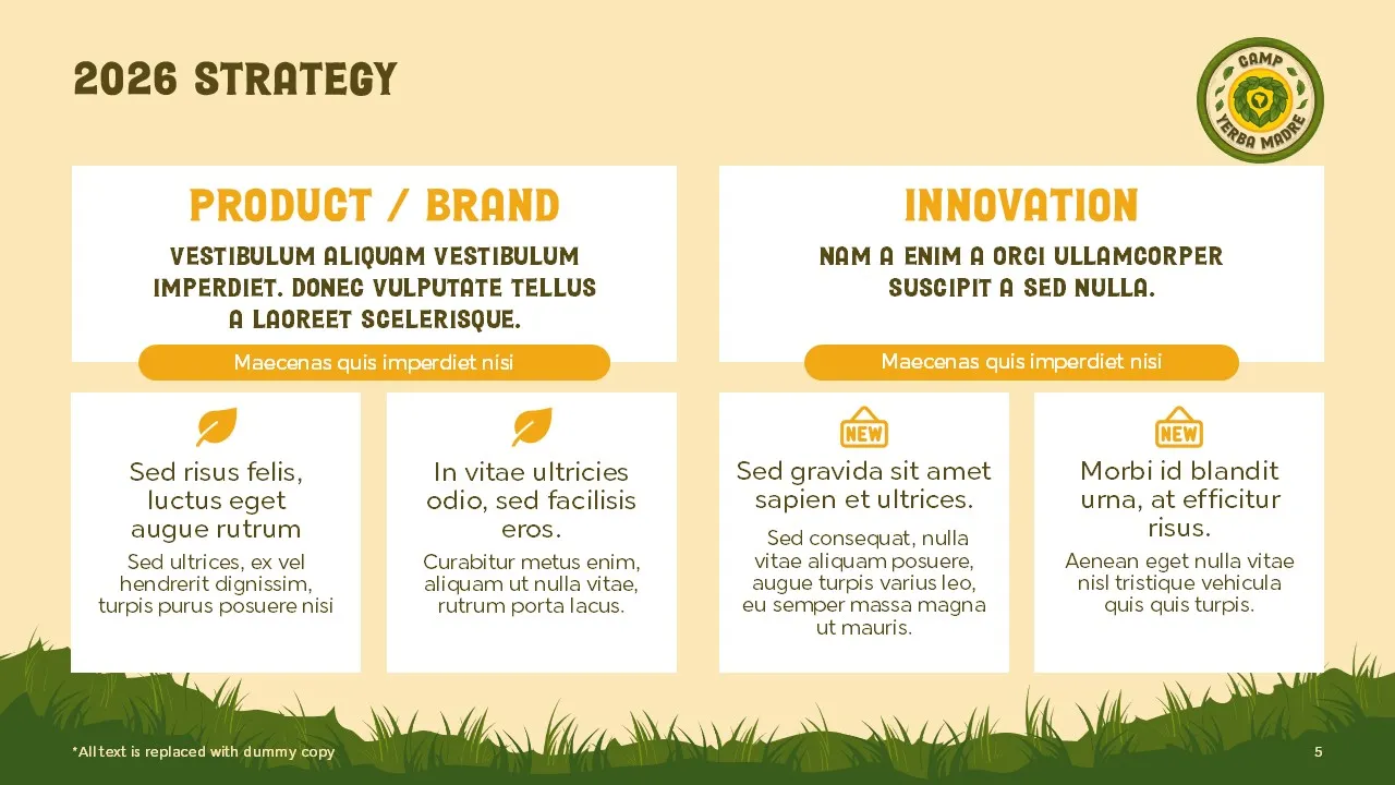 A slide with card grid layout about company strategy for Camp Yerba Madre