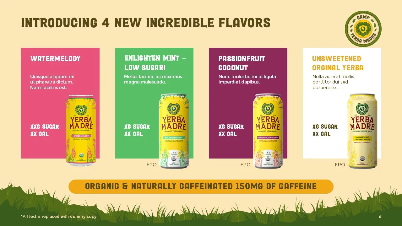 A slide with four column layout and new products for Camp Yerba Madre