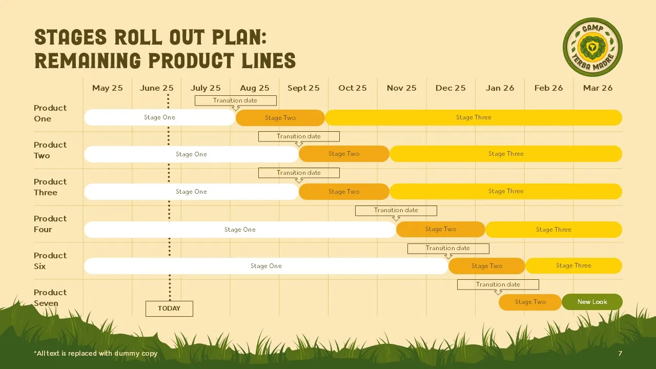A milestones chart product lines for Camp Yerba Madre